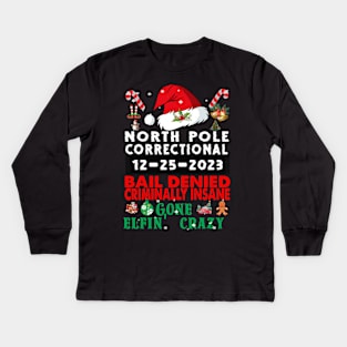 North Pole Correctional Bail Denied Criminally Insane Gone Elfin' Crazy Kids Long Sleeve T-Shirt